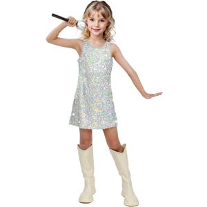 Girls Sequin Dress Sparkly Sleeveless Costume Prom Concert Party Outfit with Glitter Microphone Prop (Silver, L)