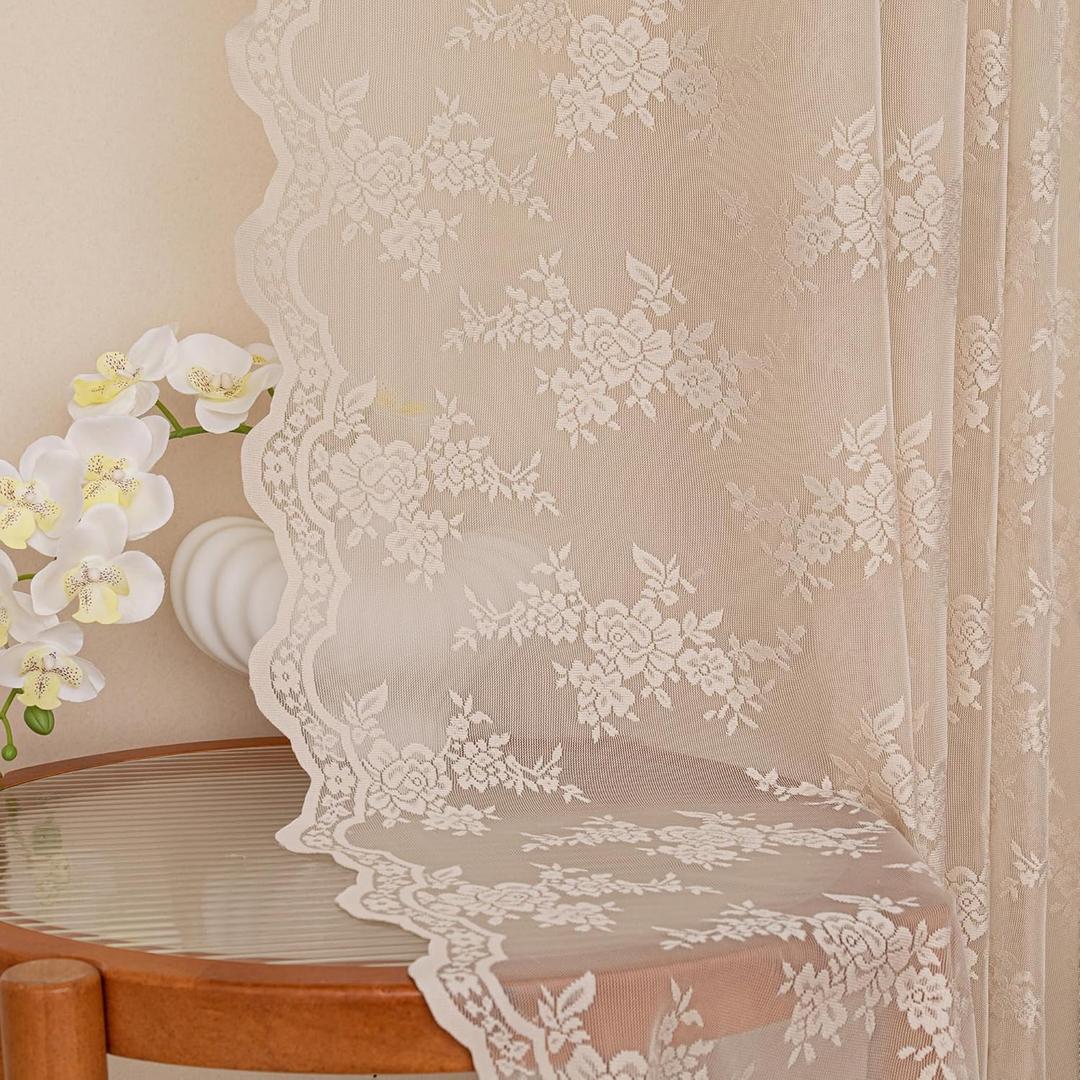 MEETSKY Beige Lace Curtains 63 Inches Length, Lace Sheer Curtains for Bed Room, Floral Vintage Light Filtering Short Curtains for Girls Room Princess Room, Lace Drapes 2 Panels, Each Panel 50W x 63L