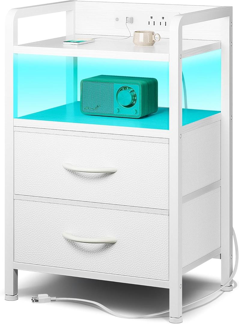 Lazzanto Night Stand Bedside Table Bedroom - White Nightstand with Charging Station & LED Light Strip, Morden Bed Side End Table with Storage Shelf & 2 Fabric Drawers, U-S-B Ports & AC Outlets
