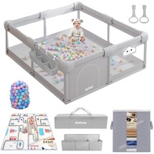 Large Baby Playpen with Mat, 71"x59" with Thickened Anti-Collision Sponge for Babies and Toddlers, with Ocean Balls, Gate, Storage Bag, Playard Gym for Babies, Activity Center, Kids Fence Light Gray (1518)