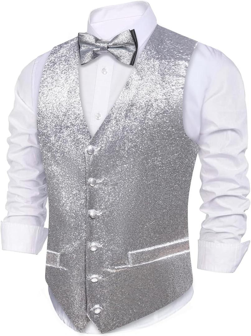 Barry.Wang Mens Shiny Vest V-neck Silm Fit Suit Waistcoat Bowtie Set Party Prom Tuxedo Formal Casual (Medium)