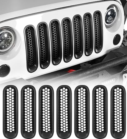 Hooke Road Matte Black Grill Inserts Front Mesh Grille Cover for 2007-2015 Jeep JK Wrangler & Unlimited Wrangler Accessories (7PCS Black)