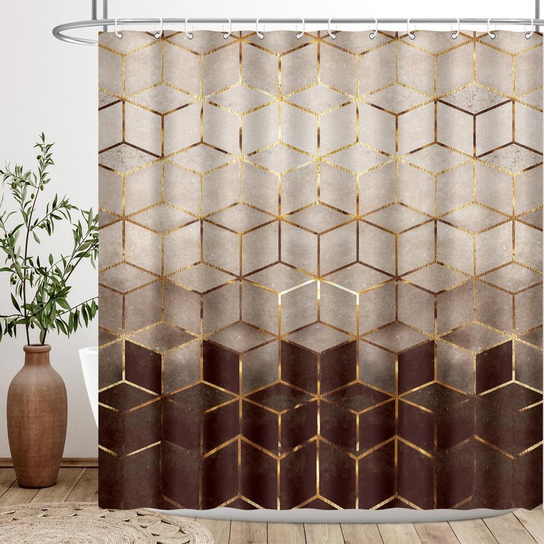 BIYSUC Ombre Brown Marble Shower Curtain Abstract Geometric Grid Cubic Gold Lines Modern Bathroom Home Decor Waterproof Polyester Fabric 72Lx72W Inch Thickening Type Weight 0.97lb, Plastic Hooks