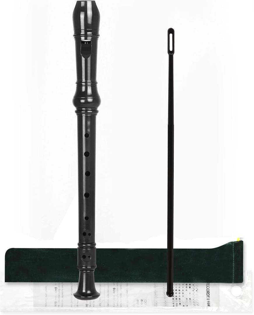 Mr.Power Soprano Recorder for Beginners School Students German Style C Key 8 Holes 3 Piece Instrument with Cleaning Rod, Thumb Rest, Fingering Chart, Packing Bag (Black)