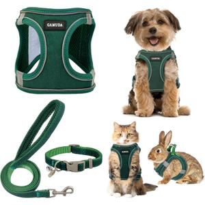 GAMUDA Small Pet Harness Collar and Leash Set, Step in No Chock No Pull Linen Fabric Soft Mesh Dog Vest Harnesses Reflective for Dogs Puppy Cats Kitten Rabbit (Green, M)