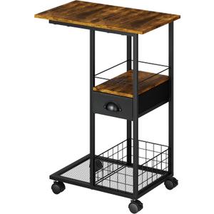 C Shaped Sofa Side Table with Wheels, Rolling Small Coffee Table with Drawer, Portable TV Tray Table for Couch, Bedside Table with Storage, Narrow Nightstand for Bedroom, End Tables Living Room (Black, Large (With Drawer & Wheels))