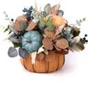 Fall Decor - Faux Pumpkins, Eucalyptus Leaves and Berries in Circular Woven Basket for Table Centerpiece, Shelf, Mantel - Autumn Thanksgiving Arrangement for Home Indoor Outdoor - 10" Diameter