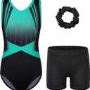 BAOHULU Girls Gymnastics Leotards with Active Shorts Sparkly Tank Biketards Toddler Kids Dance Practice Outfit (9-10 Years, Diamond Blackgreen Set)