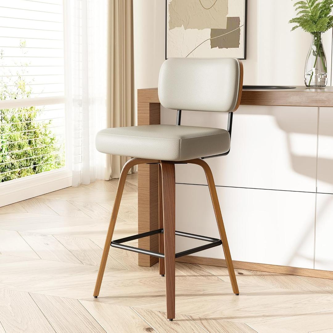Swivel Bar Stools Set of 1, 26" Upholstered Faux Leather Counter Height Barstools with Walnut Back & Bentwood Legs, Mid Century Modern Bar Chairs Island Stools for Kitchen Counter, Beige Grey