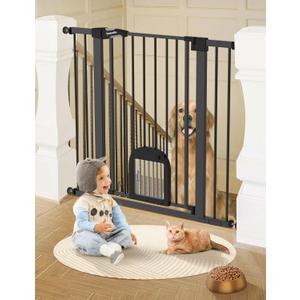 Babelio 36" Tall Upgraded Baby Gate with Cat Door,29-43" Auto Close Durable Dog Gate for Stairs,Doorways and House,Easy Walk Thru,Includes 4 Wall Cups,Black