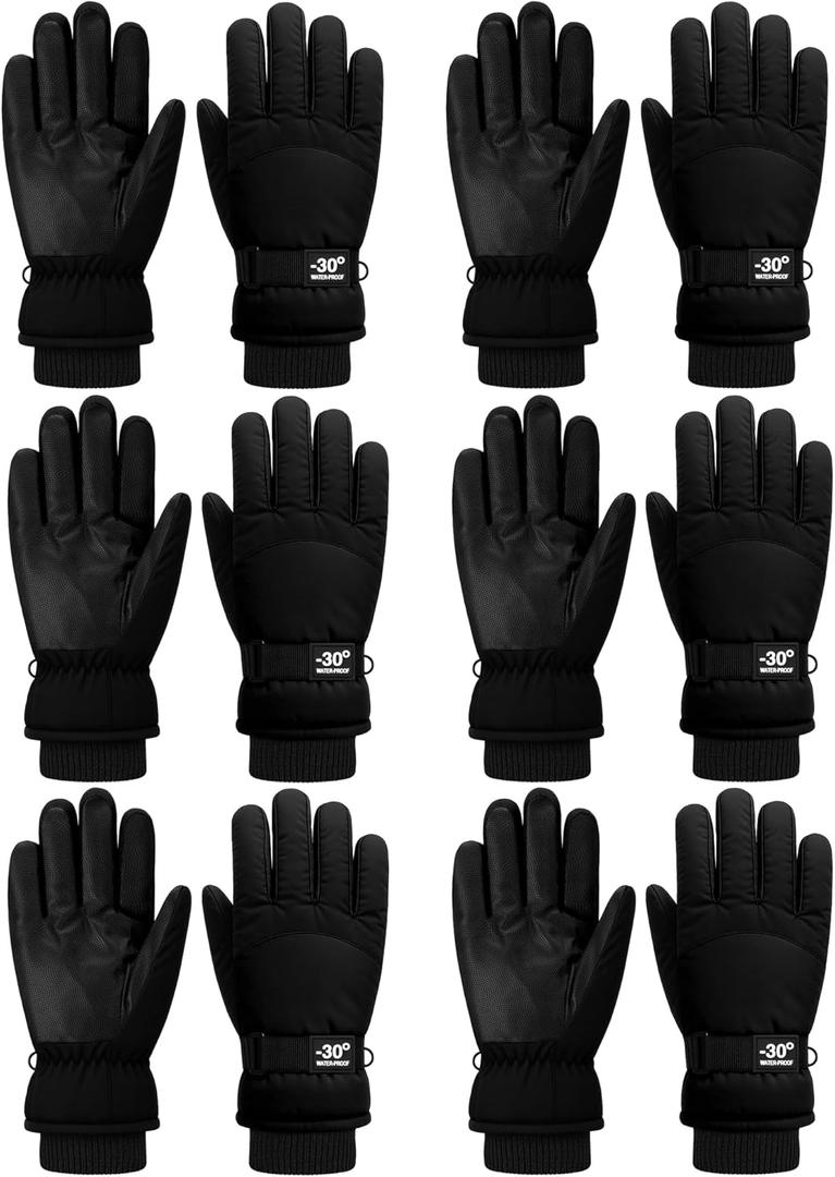 Bencailor 6 Pairs Mens Winter Snow Gloves Women Warm Waterproof Ski Mittens Adjustable for Adult Cold Weather (Large, Black)
