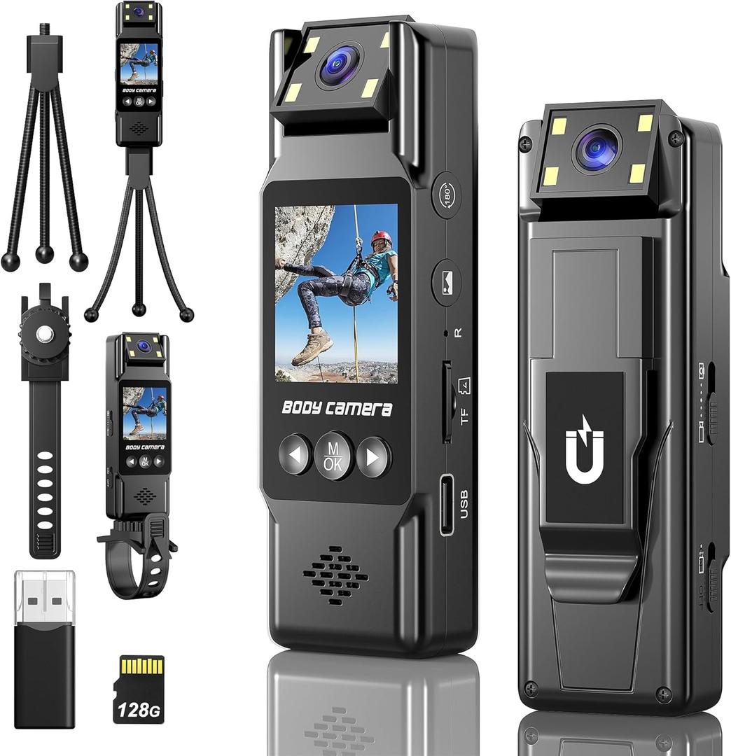 128GB Body Camera 4K HD Police Body Cam Portable Mini Body Camera 180 Rotatable Lens 1200mAh 6H Battery, 1.3" LCD, Flash Light for Cycling, Daily Records, Delivery/Serving Jobs