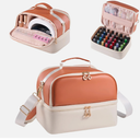 Polish Organizer Holds 35 Bottles & Nail Lamp, Nail Organizers and Storage, Double Layer Nail Bag with Handle & Shoulder Strap for Travel, Nail Supplies Organizer for Manicure Kit (Brown+Beige