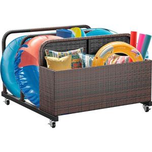 YITAHOME Outdoor Wicker Patio Poolside Float Storage, PE Rattan Rolling Pool Float Caddy for cushions, Floaties, Noodles, Life Vests, Beach Balls, Toys, Patio Furniture (Brown)