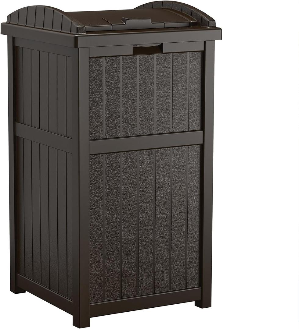 Suncast 33 Gallon Durable Plastic Hideaway Outdoor Garbage Can with Secure Lid and Wicker Design for Home Backyards, Decks, or Patios, Java Brown (1 Pack)