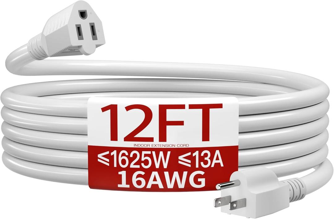 16/3 Indoor Extension Cord 12 FT, White Extension Cord Flexible & Durable, 3 Prong Power Cable, Suitable for Home and Office, 13 Amp 1625 Watt 125VAC 16AWG, ETL Listed