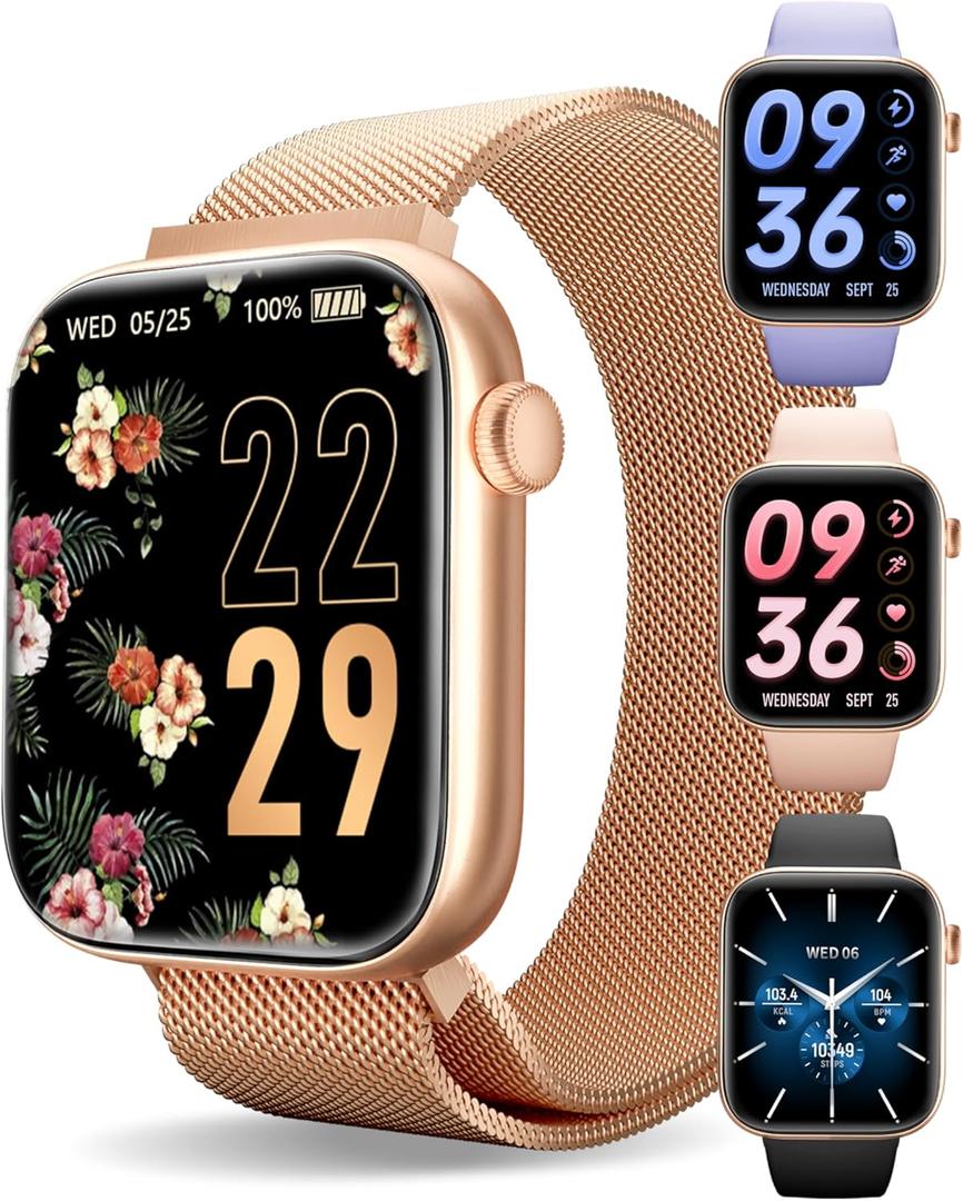 Smart Watch for Men/Women, 1.85" AMOLED Touchscreen, Make/Answer Calls, Fitness Tracker with Heart Rate, Blood Oxygen, Sport Modes, Waterproof Watches Compatible with Android & iPhone(4 Watch Bands) (Rose Gold)