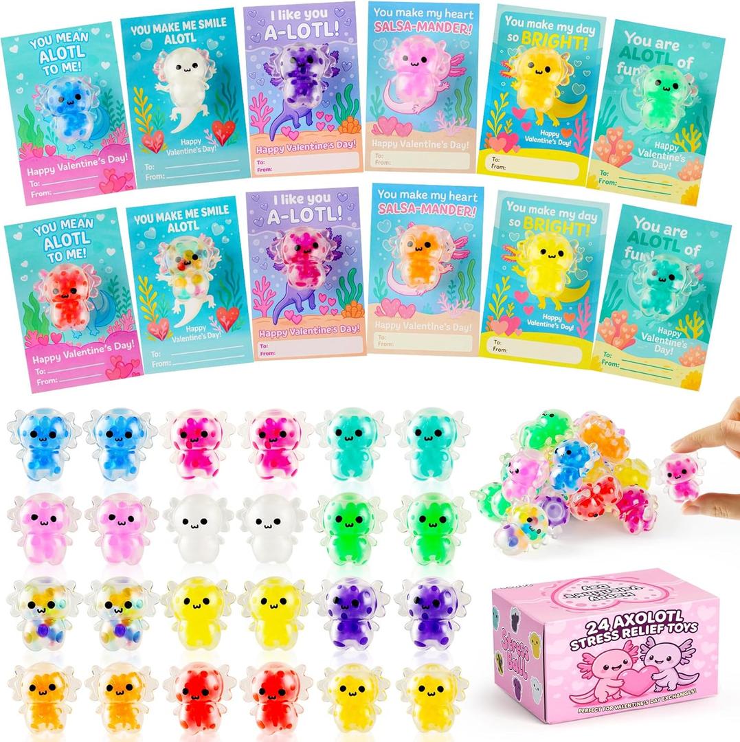 24pcs Valentines Squishies for Adult,Valentines Day Cards with Axolotl Stress Balls ,Valentine's Bulk Fidgets Squishy Toys,Valentine School Classroom Exchange Cards Party Favors