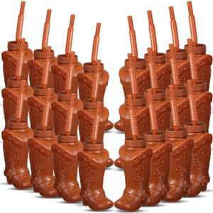 Hoolerry 10 oz Plastic Cowboy Boot Cups with Straws and Lids Plastic Cowboy Cups for Western Themed Party Supplies and Rodeo Party Decorations (Brown,24 Pcs)