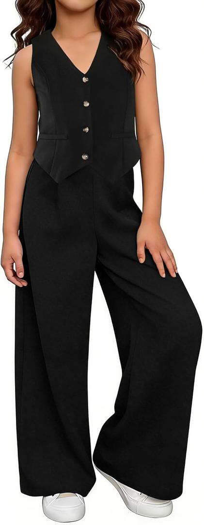 Girls Two Piece Outfits, Kids Vest And Wide Leg Pants Set, Back to School Outfits for Girls, 11-12Y