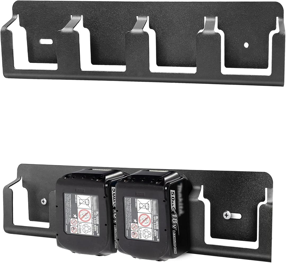 Metal Wall Mount Holder fits for Makita and Bosch 18V Lithium-Ion Batteries,Tool Batteries Rack Effortless Organization,Secure 4 Slot Organizer for a Clutter-Open Workspace