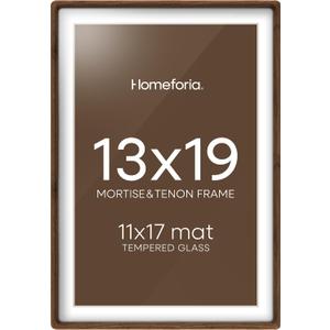 Homeforia 13 by 19 Picture Frame Brown Wood, Mortise & Tenon Walnut 13x19 Poster Frames with Mat 11x17 for Wall, 19x13 Dark Wooden Frames Matted to 11 x 17 inch Art, Tempered Glass, Wall Kit, Set of 1