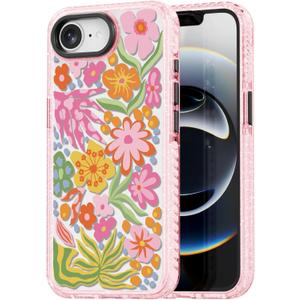 for iPhone 16E Case Cute - Durable Shockproof 6.6 ft Drop Impact Phone Case - Funny Passion Flower Design (6.1") Glitter Pink