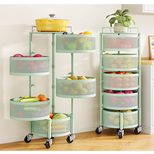 SNTD Fruit and Vegetable Basket Bowls for Kitchen with Metal Top Lid, 5 Tier Rotating Storage Rack Cart for Potato Onion Bread Banana, Wire Basket Organizer on Wheels, Large (Green)