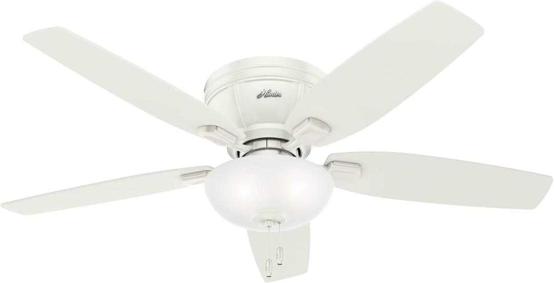 Hunter 52 inch Indoor Ceiling Fan with LED Light - White Ceiling Fan with Pull Chain, For Bedroom, Living Room, or Kitchen, Low Profile Mount, No Remote, 5 Blades - Kenbridge 53378, Fresh White