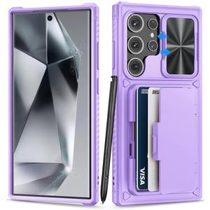 BXYJY for Samsung Galaxy S24 Ultra Case with Card Holder (4-5 Cards) & Kickstand & Slide Camera Cover, Military Grade Protection, Women Rugged Silicone Wallet Case for Galaxy S24 Ultra 2024, Purple