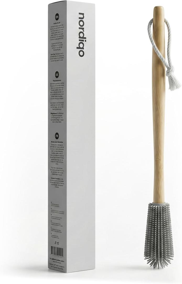 Nordiqo Extra Long Bottle Brush – 16" Bamboo Handle & Flexible Hygienic Silicone Head – Compatible with Sodastream (Not Aqua Fizz), Aarke Plastic Bottles, Vases, Tumblers | BPA Free | ScratchFree