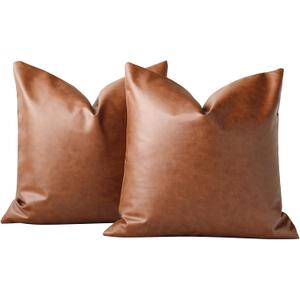 Homefeelzydys Throw Pillow Covers 16x16 Inch Set of 2, Faux Leather Accent Throw Pillow Cover 40x40cm, Modern Country Farmhouse Style Pillowcase for Bedroom Living Room Sofa Brown Pillows