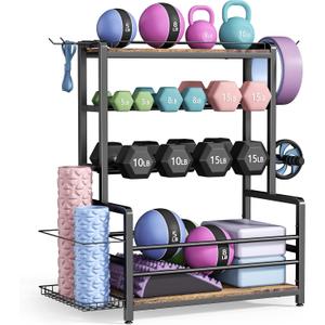 Gym Home Equipment Weight Rack  3Tier Workout Storage Stand for Dumbbells & Kettlebells, Medicine Ball Holder, 460 lb Steel Organizer with Yoga Mat Basket, Hooks, Adjustable Feet, 24 x 16 in