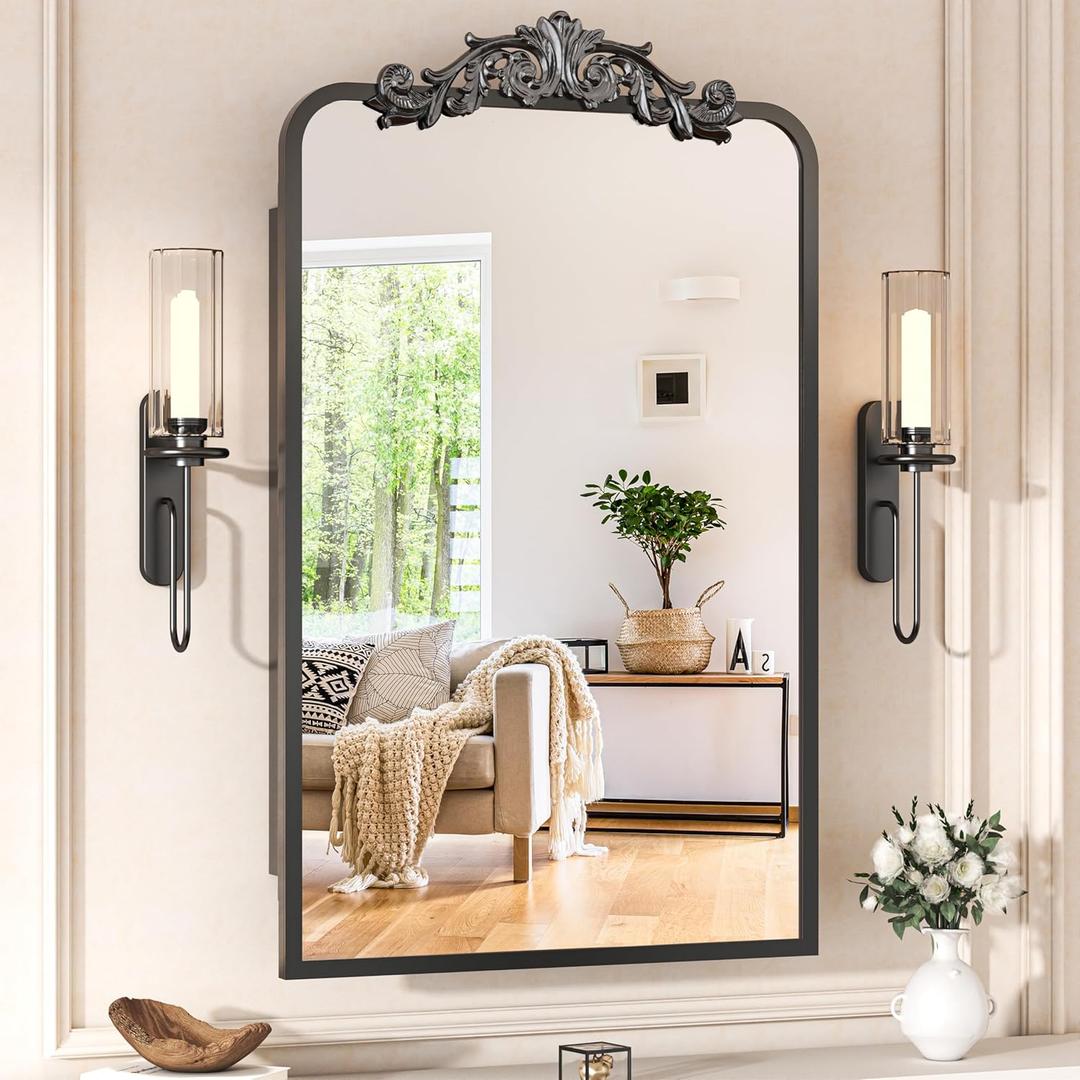 30"x 20"Bathroom Medicine Cabinet with Vintage Arched Mirror - All-Metal Black Medicine Cabinets with Hand-Painted Aluminum Door Frame, 2 Stable & Removable Shelves, Black