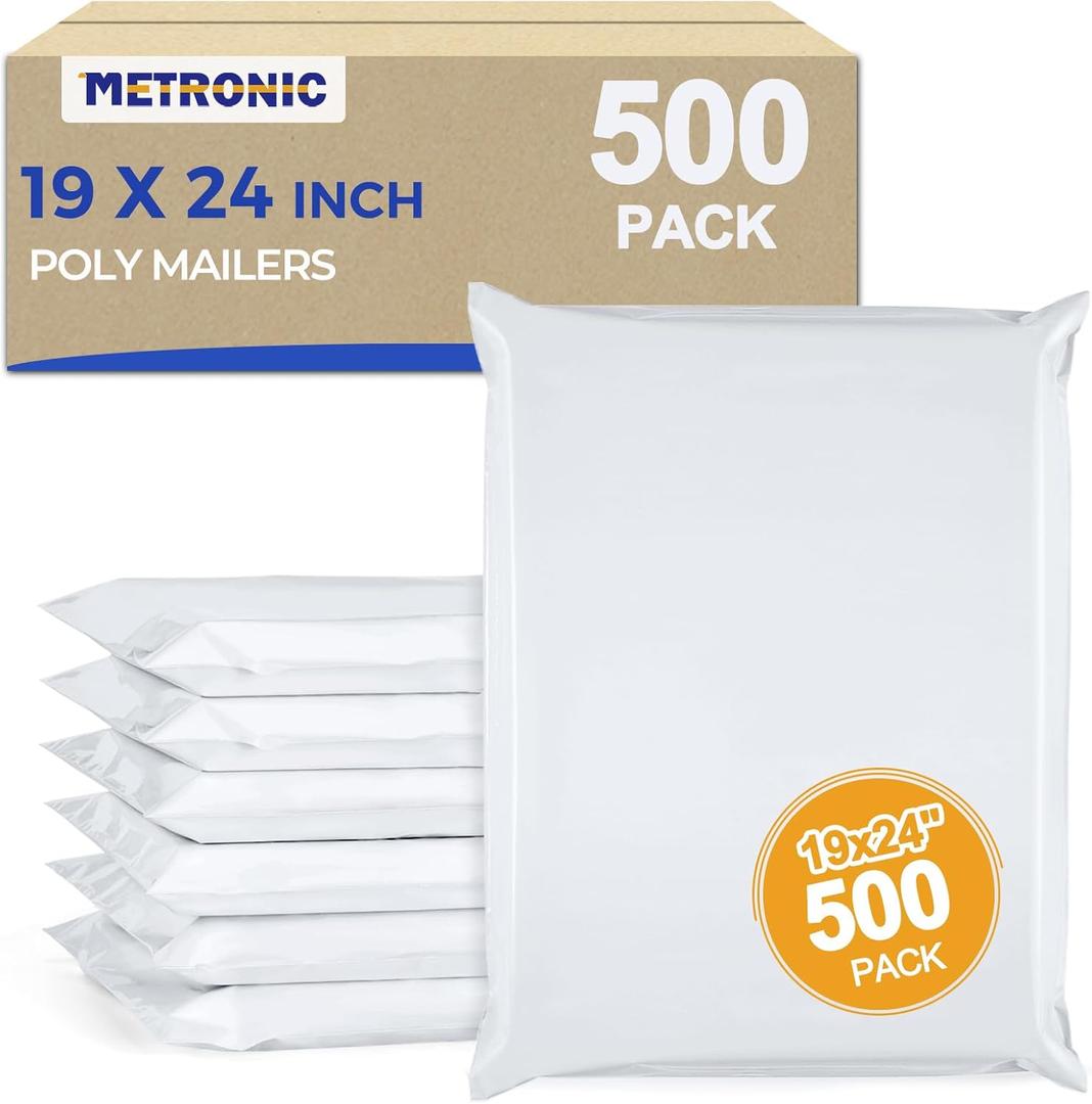 Metronic Poly Mailers 19x24 500Pcs Large Shipping Bags for Clothes,Heavy Duty Shipping Envelopes Bulk for Small Business,Strong Adhesive Self-Seal Plastic Mailing Bags for E-Commerce Packaging, White