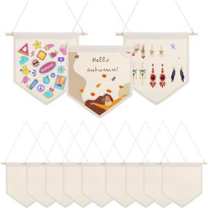 12PCS Blank Canvas Flag, Natural Canvas Banner Wall Hanging with Wooden Dowel for DIY Pin Display, Paint Decorations, Enamel Badge Collection (10.4" x 9.44")