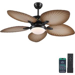 Wiviniya 52 Inch Tropical Ceiling Fans with Lights, Palm Leaf Outdoor Ceiling Fan with Light for Patios Porch Bedroom, Remote/APP Control, Reversible Quiet DC Motor, Dimmable LED, Wood Grain