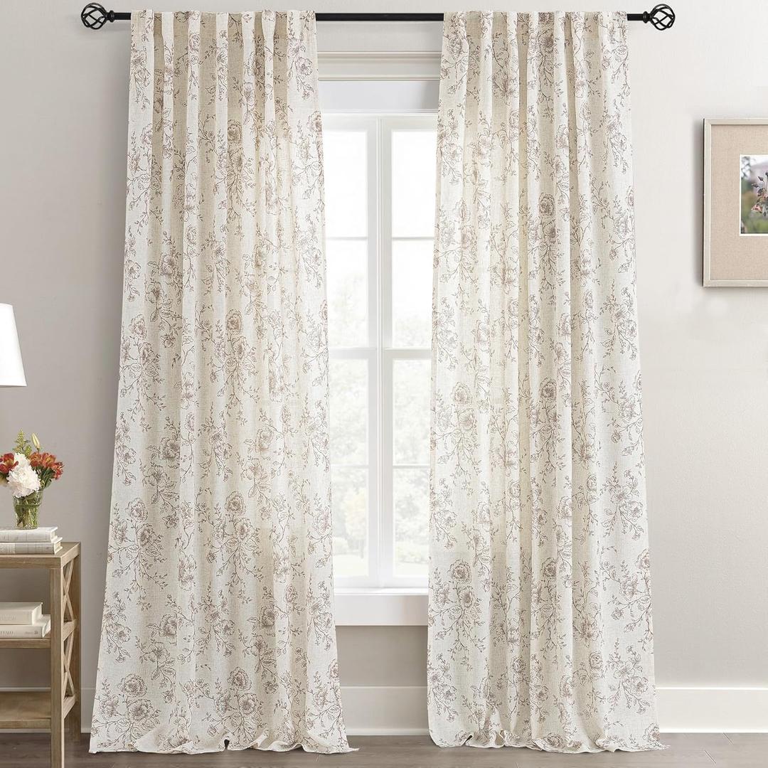 Coffee Floral Curtains 90 inch Length Back Tab Farmhouser Living Room Light Filtering Curtains Coffee Pattern Print on Cream White Linen Curtain Minimalist Aesthetic Sketch Style Vintage Room Decor (52"W x 90"L (Pack of 2))