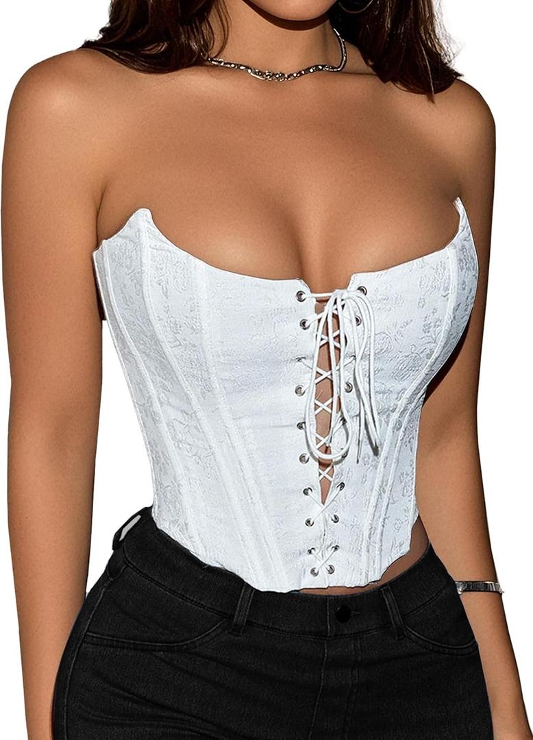 Remidoo Corset Tops for Women Strapless Lace Up Overbust Corset Bustier Sexy Night Out Crop Tank Top White Small