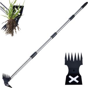 Weed Puller Tool with Long Handle - 60" Manual Weeder Remover Tool, 2 in 1 Hand Weed Rake and Garden Hoe for Gardening, Heavy Duty Uprooting Weeding Pull for Yard, Lawn, Patio and Garden