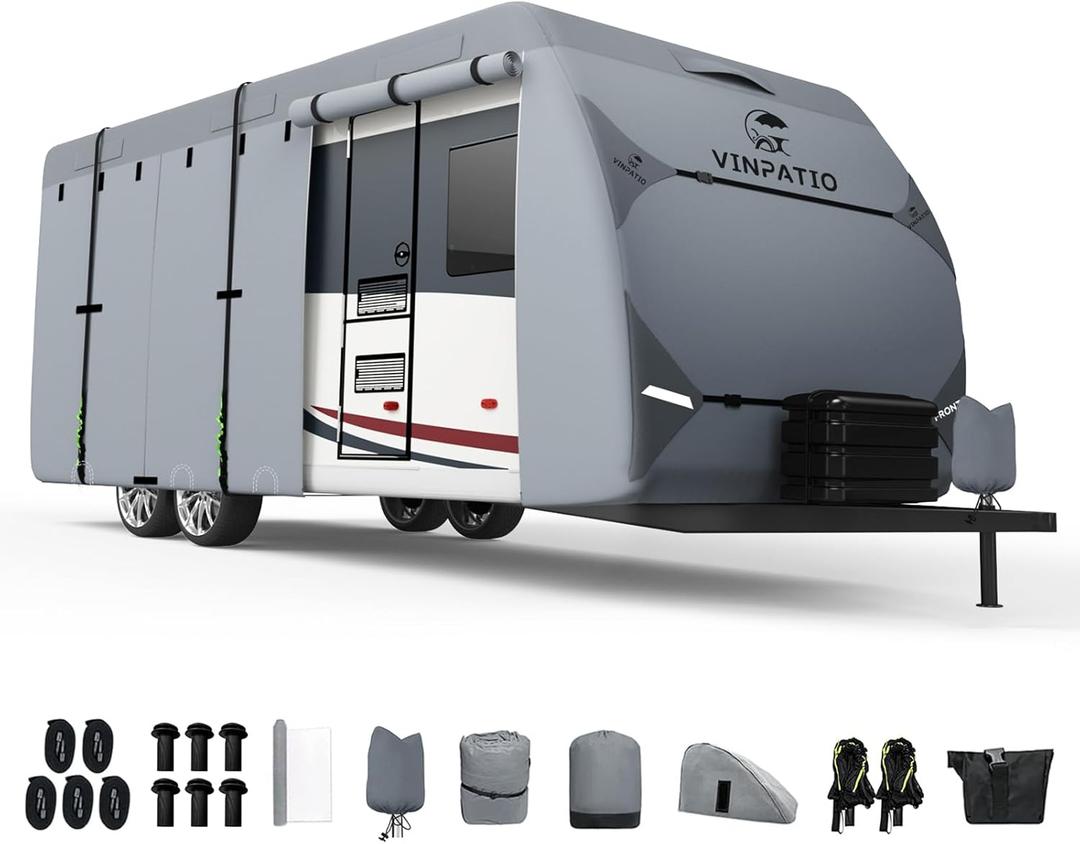 RV Cover, 7 Layers Heavy Duty RV & Trailer Cover, Toy Hauler Cover Fits 14'-16' RV Travel Trailer Camper Cover with Tongue Jack Cover, Extra Windproof Straps, Gutter Covers