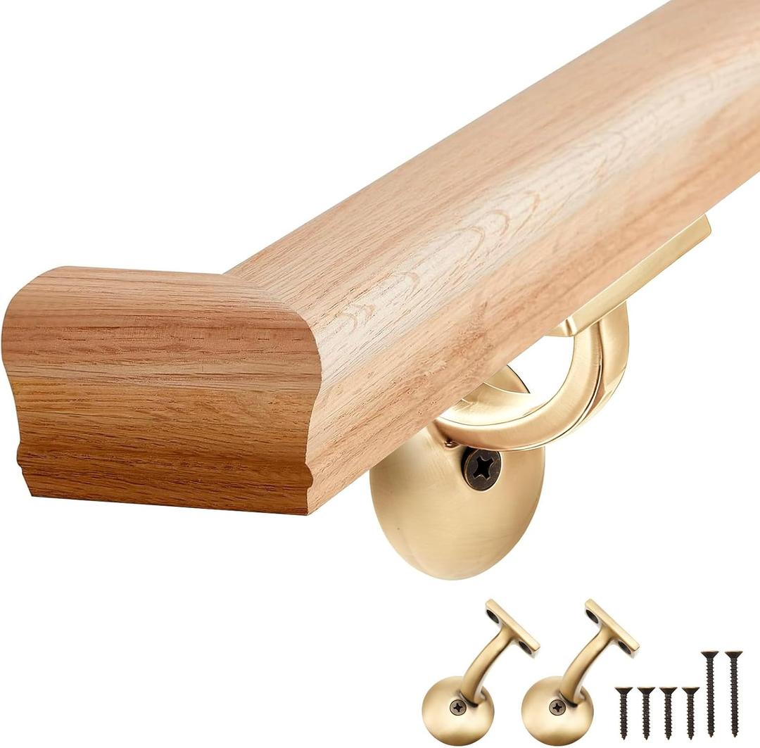 6010 Red Oak Handrail Kit 6 ft with Wall Returns and Wall Mount Brackets Indoor Wood Stairs Handrails Included Screws for Bars Home Corridor Lofts(Brass, 90 Angle)