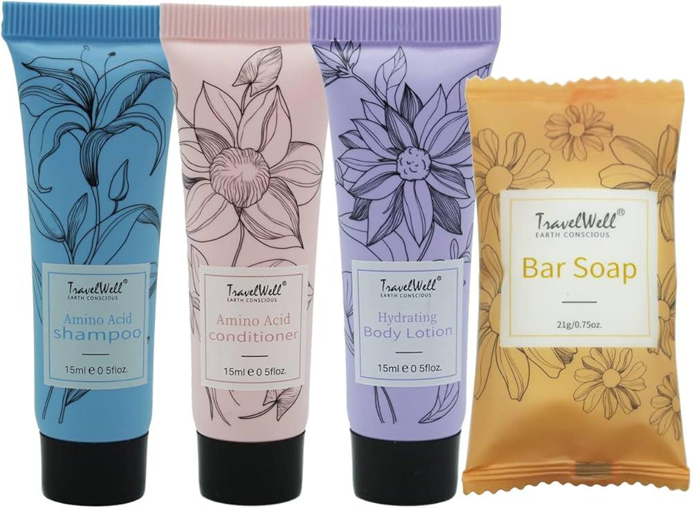 Travel Well Flower Series Individually Wrapped 15ml/0.5 Fl Oz Shampoo + Conditioner + Body Lotion + 21g/0.75 Oz Mini Soap Bars | 240 PIECE | Travel Size Toiletries | Hotel Toiletries Bulk Set