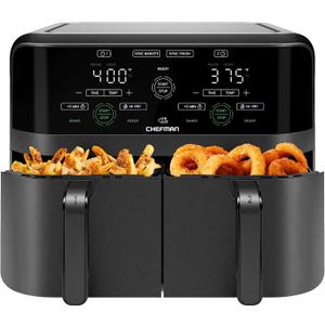 Chefman 6 Quart Dual Basket Air Fryer - Digital Touchscreen, Smart Sync Finish, Hi-Fry, Auto Shutoff, 2 Independent 3QT Nonstick Dishwasher-Safe Frying Baskets - Digital Double Air Fryer - Black