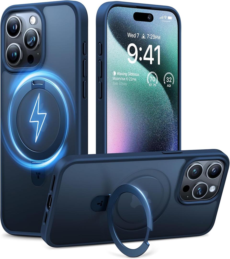TORRAS UltraMagnetic Ostand for iPhone 15 Pro Case, [Compatible with MagSafe] [Flexible Stable Stand] MilitaryGrade Protection Translucent Slim AntiScratch Ring Kickstand, Navy Blue 6.1"