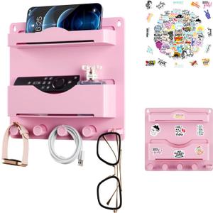 JUMEIHUI Pink Bedside Shelf Organizer - Wall Mount Phone Holder with Glasses Hook & 50 Motivational Stickers for Girls Bedroom Dorm Decor