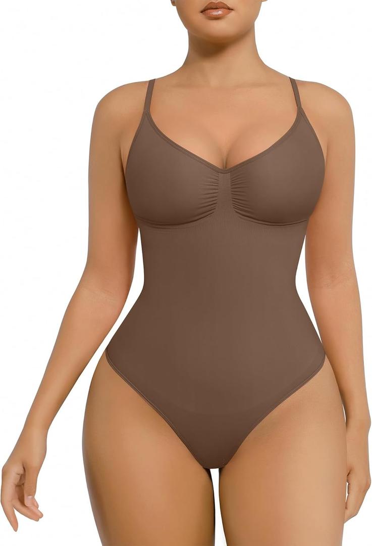 FeelinGirl Shapewear Bodysuit for Women Tummy Control Seamless Sculpting Snatched Waist Body Suit Body Shaper Thong (X-Small-Small, Olive Brown)