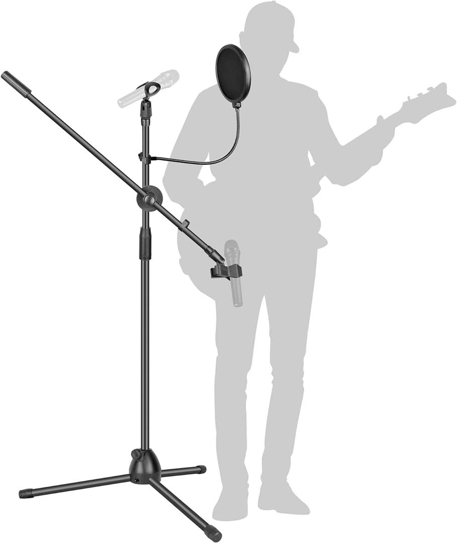 Adjustable Heavy Duty Portable Tripod Mic Stand with 2 Clips and Pop Filter for Singing, Performance & Outdoor Activities