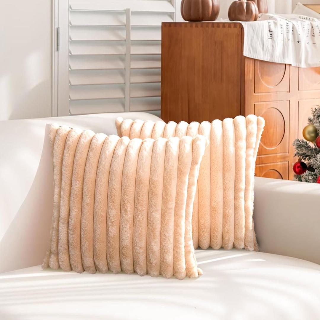 Uhomy Faux Fur Plush Throw Pillow Covers 16x16 Pack of 2 Luxury Super Soft Fluffy Striped Decorative Pillow Covers for Sofa, Bed, Couch, Living Room, Camel-Brown 40x40 cm