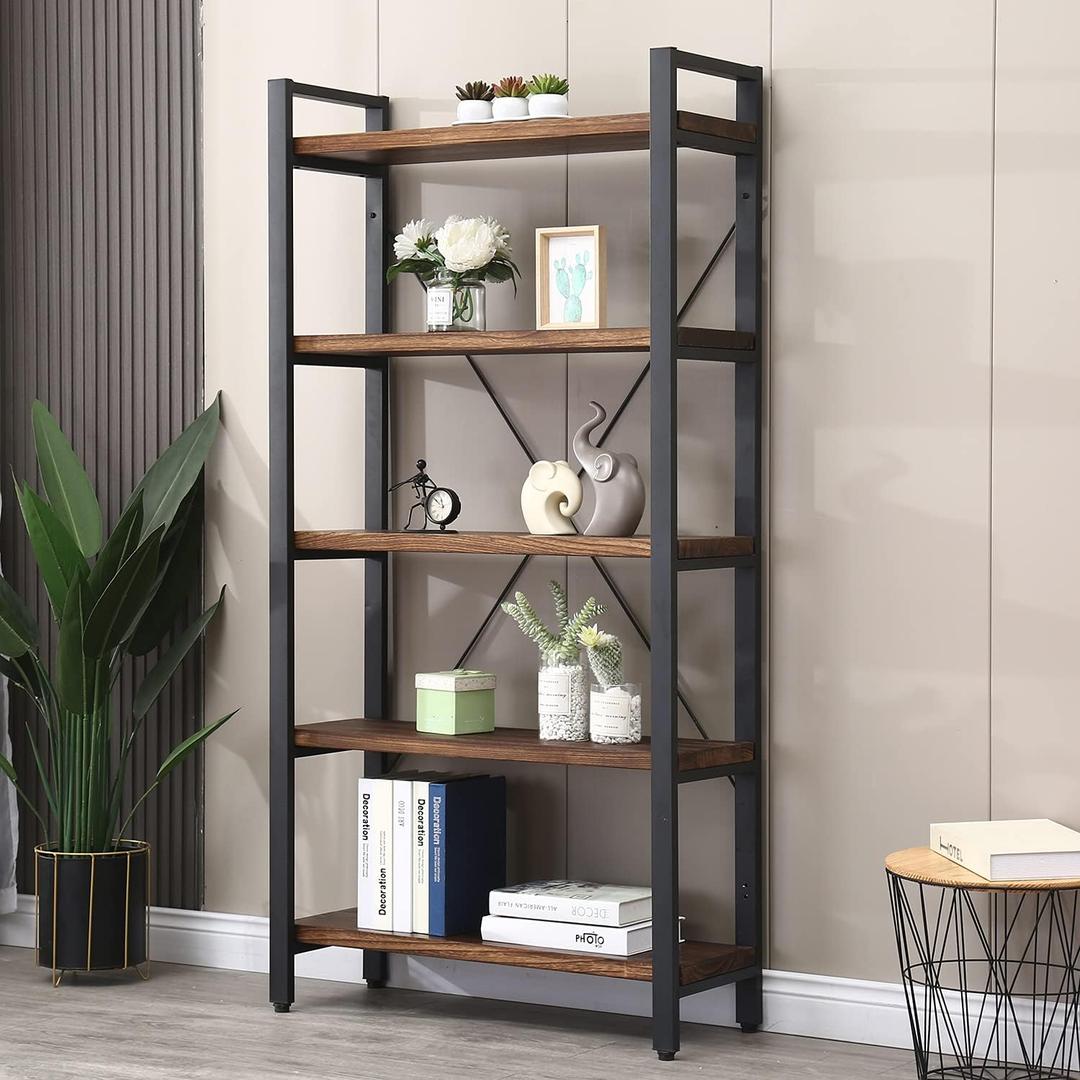 5 Tier Bookcase, Solid Wood Bookshelf Rustic Vintage Industrial Etagere Bookcase, Metal and Wood Free Vintage Bookshelf, Retro Brown (5-Tiers)
